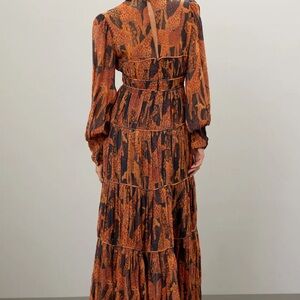 FARM Rio Orange and Black Tiered Sundress with Bishop Sleeves